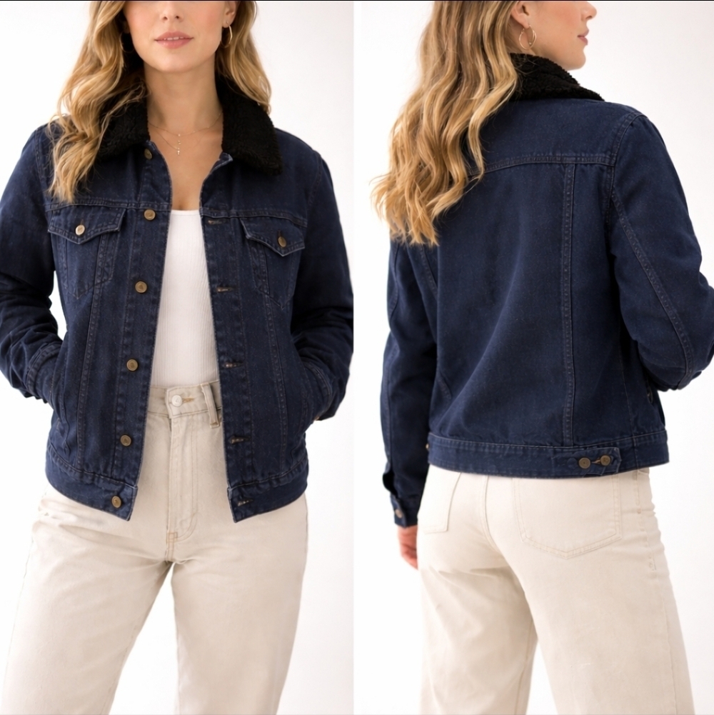 Levi’s Sherpa Lined Trucker Jacket Navy Blue Canvas Classic Workwear Size Small